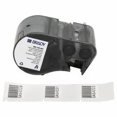 Thermal transfer precut label roll cartridge containing rectangle labels measuring 1 in x 1 3/4 in. Made of cryogenic autoclavable polyester for vial/tube sizes from 1.0 to 8.0 mL. Compatible with BMP51 printer series. Used for laboratory identification in environments requiring resistance to extreme cold and autoclave cycles.