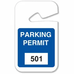 Vinyl parking hangers in blue, supplied in packs of 100. Each hanger has a card height of 4 3/4 inches and an overall width of 2 3/4 inches. Used to designate authorized parking in lots, garages, or campuses.