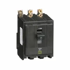 Bolt-on miniature circuit breaker for overcurrent protection in three-phase electrical distribution systems. Rated 25 A, 120/240V AC, with a maximum interrupting rating of 10kA at 120/240V AC. Three-pole design for use in Square D NQOD panelboards.
