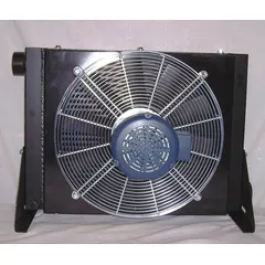 Fan-powered aftercooler for compressed air systems, rated for 785 cfm and 100 hp max compressor output. Operates on 115/230V AC, 1-Phase power. Reduces compressed air temperature and moisture downstream of the compressor, protecting equipment and processes in industrial plants and facilities.