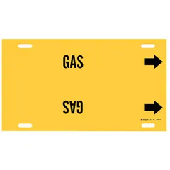Yellow strap-on pipe marker with black 'Gas' legend and directional arrows. Fits pipe outer diameters from 8 to 9-7/8 inches. Used to identify gas piping in industrial facilities, aiding safety and maintenance personnel.