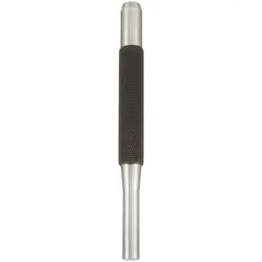 This round steel flat-tip punch is designed for removing drive pins and roll pins in industrial assembly and maintenance. With a 1/8 in tip diameter and 4 in overall length, it allows precise alignment and striking without damaging surrounding components. Suitable for SAE applications.