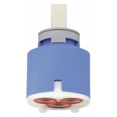 This plastic disc faucet cartridge is designed for use with Symmons brand faucets. It includes a cover sleeve and is used to control water flow and temperature in residential and commercial plumbing systems. Suitable for repair or replacement of worn internal components.