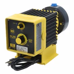 This compact solenoid-driven diaphragm metering pump features a PVC head, PTFE diaphragm, and ceramic check balls. It operates on 115V AC with PVDF/Polyprel seals and PVC fittings, delivering ±1.0% reproducibility. Suitable for precise chemical dosing in water treatment, industrial processing, and chemical injection systems.