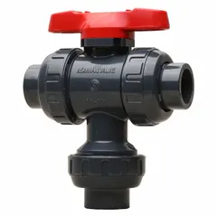 This ASAHI L-Port PVC ball valve features a full port ball port and socket x socket x socket connections. The PVC body provides corrosion resistance for fluid handling. The bottom inlet and Tee handle allow flow diversion or mixing in piping systems.