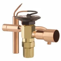 Thermostatic expansion valve for R-410A refrigerant systems. Features field-adjustable superheat and 7/8 in female connection. Used to regulate refrigerant flow into the evaporator in commercial and industrial cooling applications.