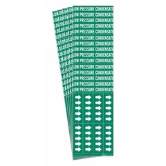 Green adhesive pipe marker with white legend reading 'Low Pressure Condensate' and flow-direction arrows. Designed for pipes with an outside diameter of 3/4 in and smaller. Suitable for identifying condensate return lines in steam and HVAC systems. Pack of 5.