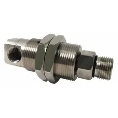 This nickel-plated C38500 brass rotary union transfers air from a stationary supply line into rotating machinery. It features a single passage, a 3/8 in rotating shaft, and a ceramic seal, with a maximum speed of 2000 RPM. Typical applications include packaging, printing, and material handling equipment where continuous air supply to a rotating shaft is required.