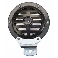 Electric-powered horn designed for material handling equipment. Operates on 24-48V DC with a maximum sound level of 115 dBA. Black painted finish. Includes mounting bracket