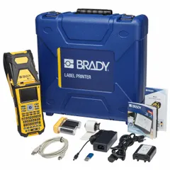 Handheld label printer with 2-inch print width and 300 dpi resolution. No wireless connectivity. Includes battery, Basic Design Suite software, (2) Self Laminating Cable Wraps, and (1) Black Ribbon. Suitable for on-site industrial labeling such as cable wraps and asset identification.