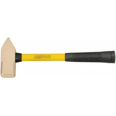 This non-sparking cross-peen hammer features a 3 1/2 lb nickel aluminum bronze head and a 15 in overall length with a fiberglass handle. It is designed for use in hazardous environments where spark reduction is critical, such as in areas with flammable gases, vapors, or dusts. The cross-peen shape allows for striking and shaping metal, while the non-sparking material minimizes ignition risk.