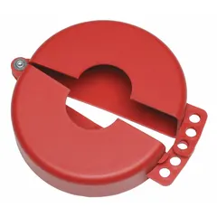 Hinged lockout device for gate valves with hand wheel diameters from 2-1/2 to 5 inches. Used to isolate valves during maintenance or lockout/tagout procedures, preventing accidental operation.