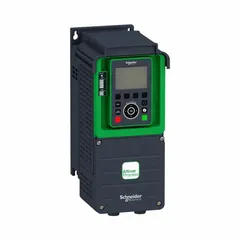 The SCHNEIDER ATV930U07N4US is a variable speed drive from the Altivar ATV900 series, designed for controlling three-phase induction motors. It accepts three-phase 380-480V AC input and delivers three-phase output rated at 1 hp with a maximum output current of 2.2 A. The chassis-style unit in black/green is suitable for industrial applications such as pumps, fans, and conveyors.