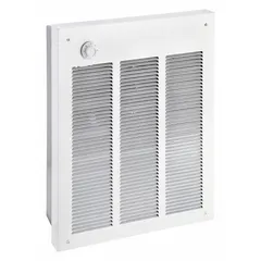 This large recessed electric wall heater operates on 208/240V AC single-phase, delivering 1800W or 3600W of heating output. It features a white grille and is non-programmable. The unit is designed for recessed wall mounting, with rough-in dimensions of 18-1/4 in x 14-5/8 in x 3-7/8 in, suitable for providing primary or supplemental heat in commercial and industrial spaces.