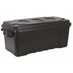 This 17-gallon black plastic storage trunk measures 14 1/4 in x 30 in x 12 3/4 in and features two handles for carrying. Suitable for organizing and transporting tools, equipment, or household items in garages, warehouses, and job sites.