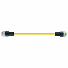 Double-ended cordset with 7/8" male straight to female straight connectors, 4 pins, 16 AWG wire, and 1.5 m yellow PVC cable jacket. Rated IP68 for dust and water ingress protection. Suitable for connecting sensors, actuators, and industrial devices in flexing applications requiring reliable signal or power transmission.