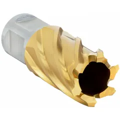 This annular cutter is made of high-speed steel with a TiN coating for general cutting applications. It has a 1-1/4 in cutter diameter and a maximum cutting depth of 1 in, featuring a Weldon Flat shank and fractional inch sizing. Suitable for creating holes in metal workpieces.