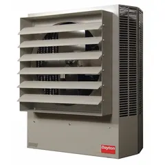 This Dayton unit heater is designed for wall or ceiling mounting in industrial and commercial spaces. It operates on 3-phase, 480V AC power and provides primary or supplemental heating for areas such as warehouses, workshops, and loading docks.
