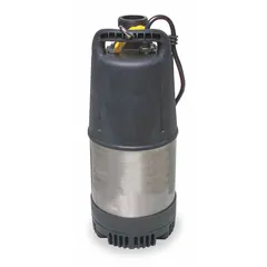 This submersible dewatering pump is rated for intermittent duty and handles solids up to 1/4 inch in diameter. It features a polyurethane impeller and a silicon carbide shaft seal. Suitable for removing water from flooded areas, basements, and construction sites.