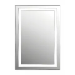 Rectangular glass mirror with beveled edge and front illumination. Overall dimensions: 36 in height, 24 in width, 1 1/2 in depth. Suitable for residential or commercial washrooms for daily grooming tasks.
