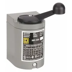 The SQUARE D 2601AG2 is a 3-pole, single-phase drum switch with maintained and momentary action, reversing capability, and a NEMA 1 enclosure. It is used for manual forward/stop/reverse control of single-phase motors in applications such as hoists, conveyors, and machine tools.