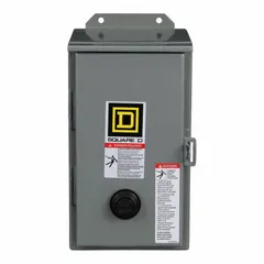 Enclosed non-reversing magnetic motor starter for three-phase motors. NEMA Size 1, 27 A, 3 poles, 110/120V AC coil. Screw clamp terminals. Requires three melting alloy thermal units (not included). No operator controls, pilot light, or auxiliary contacts. Suitable for starting and protecting motors in industrial applications such as conveyors, pumps, and compressors.