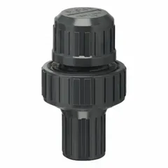 Atmospheric vacuum breaker with 3/4 in FNPT connections, constructed from unfinished polypropylene. Prevents back-siphonage in non-potable water and chemical lines. Temperature range 36°F to 180°F.