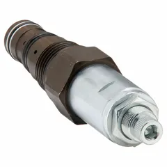 Steel counterbalance cartridge valve, block-mounted, two-position, normally closed, with screw adjustment. C10-3 cavity, nitrile seals. Used in hydraulic systems to control actuator motion and prevent load runaway in mobile or industrial equipment.