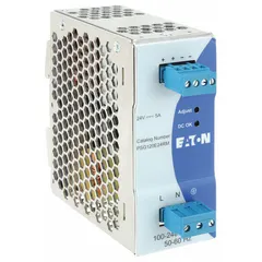 Single-phase DIN Rail mount DC power supply with metal housing. Converts 100 to 240V AC input to a stable 24 VDC output. Rated output power of 120 W and output current of 5 A. Suitable for industrial control panels, automation systems, and machinery requiring reliable DC power.