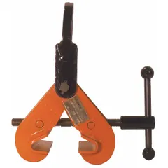 Steel beam lifting clamp for top flange mounting. Jaw opens from 6 in to 10 in. Used in construction and rigging to lift and position steel beams.