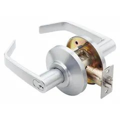This classroom lever lockset features a satin chromium-plated zinc finish and a 7KC Contour Angle Return Lever style. It is ADA compliant and uses an interchangeable core for keying flexibility. The ANSI F84 function allows key-locking from the outside while the inside lever always opens, suitable for interior doors in educational and commercial facilities.