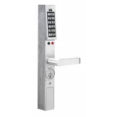This electronic keyless lockset features a chrome finish and clutch lever style. Access is via proximity reader or keypad, with an interchangeable core key override. Suitable for commercial and industrial door access control applications.