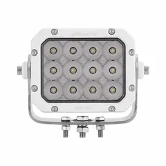 Square LED floodlight with white housing and bolt mount. Features integrated Deutsch-Style DT04 connector and DT06 pigtail for electrical connection. Suitable for auxiliary lighting on vehicles and equipment requiring wide-area illumination.