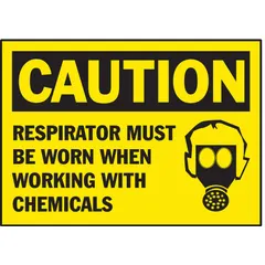 Adhesive-mount sign made of polyester, 0.01 in thick, nominal size 3 1/2 in x 5 in. Not retroreflective, not glow-in-the-dark, no anti-slip surface. Supplied as a 5-pack. Used to post a caution message that a respirator must be worn when working with chemicals.