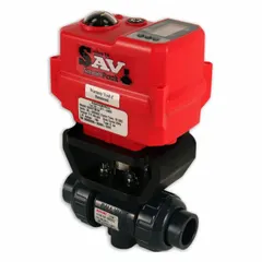 PVC electrically-actuated two-way ball valve with full port ball port, 1 1/4 in size, and actuator heater. Operates on 95 to 265V AC. Used for automated on/off flow control in corrosive fluid handling systems.