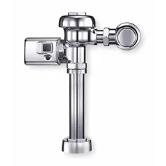 Battery-powered automatic flush valve for toilet installations. Exposed design with top spud location and 11-1/2 in rough-in. Delivers 3.5 gallons per flush. Suitable for commercial restroom applications requiring touchless operation.