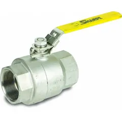 Straight valve body, two-way ball valve with 316 stainless steel construction. Features FNPT x FNPT connections and a locking lever handle for secure on/off flow control. Suitable for use in industrial piping systems requiring corrosion resistance.