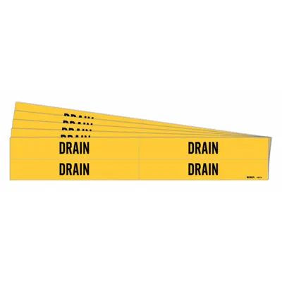 BRADY Pipe Marker: Drain, Yellow, Black, Fits 3/4 to 2 3/8 in Pipe O.D., 4 Pipe Markers - Drain Adhesive Pipe Markers
