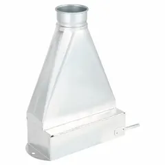 This floor sweep is constructed from 20-gauge galvanized steel and designed for 4-inch duct diameters. With an 18-inch overall length, it connects to ductwork to capture debris and dust at floor level in ventilation and dust collection systems.