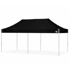 This E-Z UP pop-up canopy tent provides a 20 ft by 10 ft covered area with an overall height of 11 3/8 ft. It features a gray anodized aluminum frame with adjustable legs and a black polyester fabric top. Suitable for outdoor events, trade shows, markets, and temporary shelter applications.