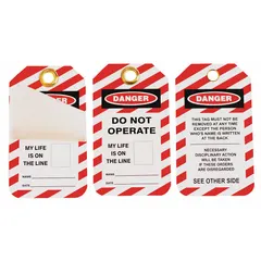 This plastic lockout tag features a 'Danger Do Not Operate' message with a write-on surface for recording date and name. It is used in industrial lockout/tagout procedures to clearly indicate that equipment is under maintenance and must not be operated.