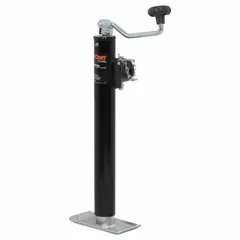 This topwind, weld-on trailer jack features a foot plate base and a static load capacity of 5,000 lb. With a maximum lift height of 31-1/2 in, it is used to lift and support the tongue of a trailer for coupling or storage.