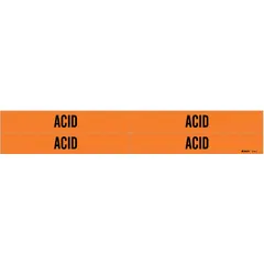 Orange adhesive pipe markers with black legend reading 'Acid', designed for pipe outer diameters from 3/4 to 2-3/8 inches. Each pack contains 4 markers without arrows, used to identify acid-carrying pipes in industrial piping systems for safety and compliance.
