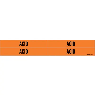 BRADY Pipe Marker: Acid, Orange, Black, Fits 3/4 to 2 3/8 in Pipe O.D., 4 Pipe Markers - Acid Adhesive Pipe Markers