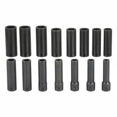 This 15-piece metric impact socket set includes sockets ranging from 11 mm to 24 mm with a 1/2 in drive size. Designed for use with impact wrenches in heavy-duty fastening tasks, the set features a friction retention mechanism for secure socket attachment.