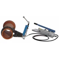 Hydraulic pipe cutter for cast iron pipes with a cutting range of 2 in minimum to 6 in maximum. Operated by a hand pump, it delivers up to 9,000 psi for clean, square cuts in plumbing, municipal water, and industrial maintenance applications.