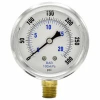 This differential gauge from the 251L4 series uses a Bourdon tube sensor to measure low operating pressure differences. It features a 1/4 in NPT male connection, ±1.5% gauge accuracy, IP65 enclosure rating, and brass construction. Typical applications include monitoring pressure drops in HVAC, filtration, and fluid systems