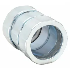 Steel compression coupling for joining two lengths of rigid metal conduit (RMC). Trade size 1 1/2 in, overall length 2 1/8 in. Concrete-tight rating permits use in embedded or exposed installations where moisture and debris ingress must be prevented.