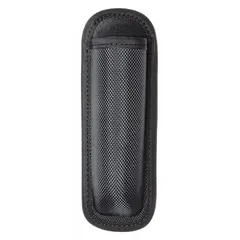 Black nylon ballistic duty equipment pouch with snap closure. Measures 6 1/4 in x 2 1/4 in. Designed to securely carry a baton for quick access during security or tactical operations.