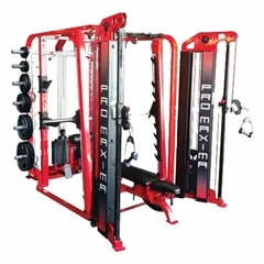 Multi gym machine with vinyl construction. Overall length 100 in, overall width 87 in. Suitable for strength training exercises such as squats, bench presses, and pull-ups.